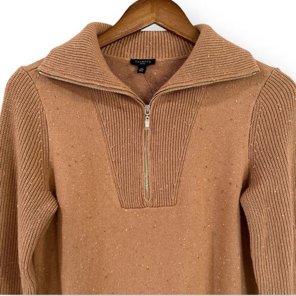NWT Talbots Zip Collar Sweater Dress Tweed Tan Womens Petite Small SP Cotton - Picture 6 of 13